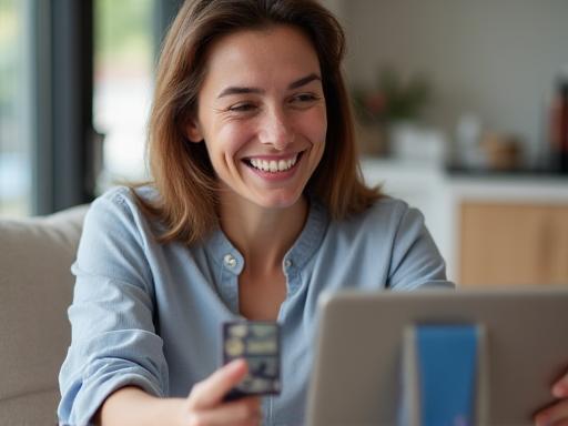 A customer happily shopping online with their credit card.
